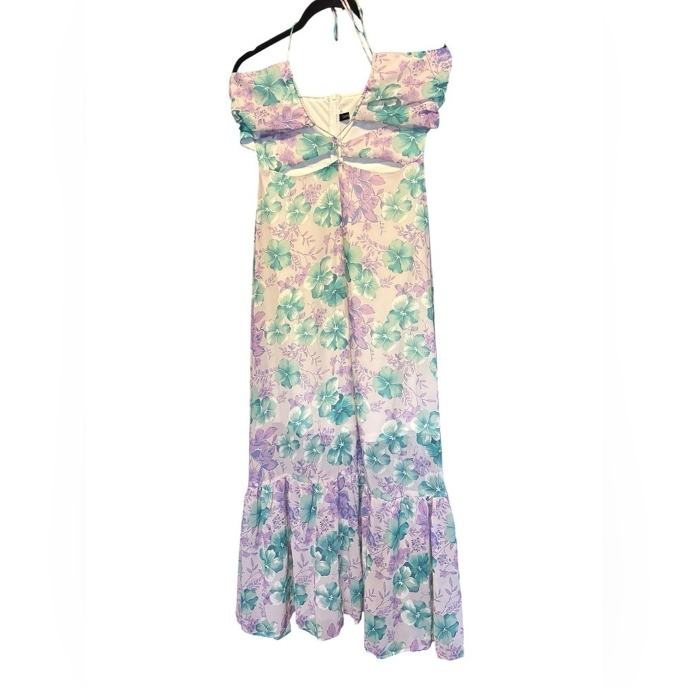 Women's Floral Halter Maxi Dress Cut Outs Tie Front Purple White Green Size L